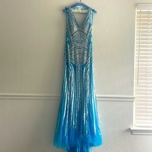 Jovani Brand Formal Gown; Aqua with Silver metallic design